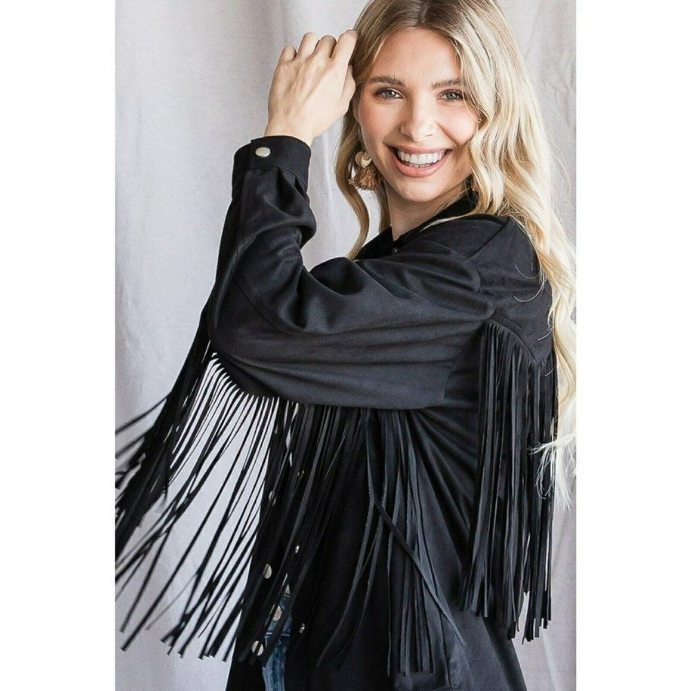 JODIFL Western Fringe Jacket Country Black Suede with Pockets New S-L G8040